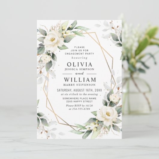 White Roses Greenery Floral Engagement Party Kaart (Staand voorkant)