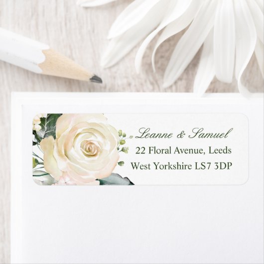 White Roses Greenery Foliage return address Label (Insitu)