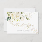 White Roses Greenery Foliage Weddenschap Bedankt (Voorkant)