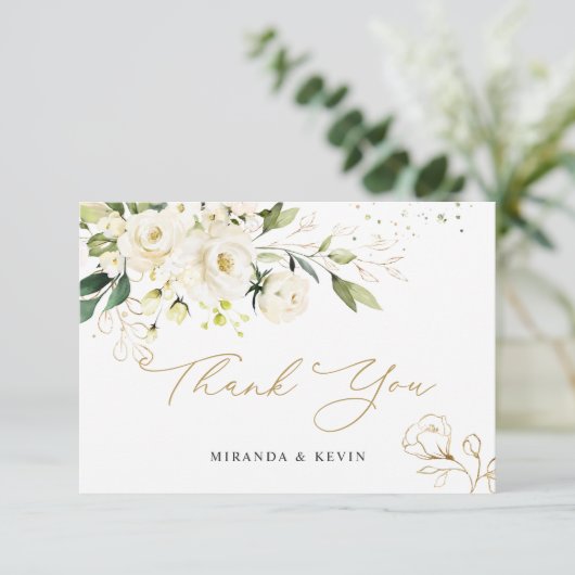 White Roses Greenery Foliage Weddenschap Bedankt (Staand voorkant)