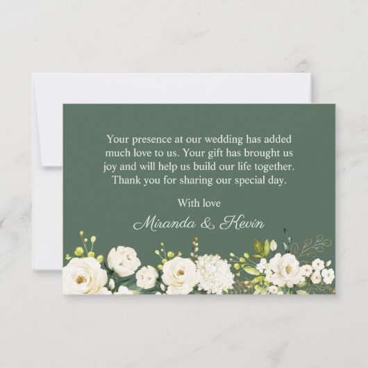 White Roses Greenery Foliage Weddenschap Bedankt (Achterkant)