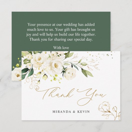 White Roses Greenery Foliage Weddenschap Bedankt (Voorkant / Achterkant)