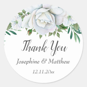 White Roses Greenery Foliage Weddenschap Bedankt Ronde Sticker