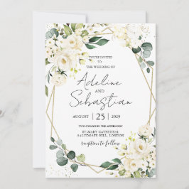 White Roses Greenery Foliage Wedding Invitation Kaart