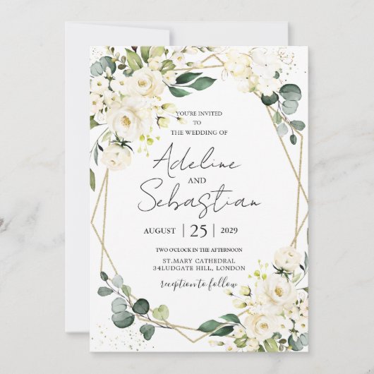 White Roses Greenery Foliage Wedding Invitation Kaart (Voorkant)