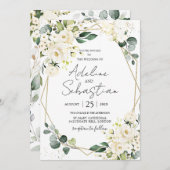 White Roses Greenery Foliage Wedding Invitation Kaart (Voorkant / Achterkant)