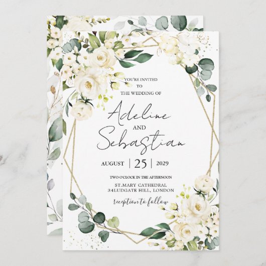 White Roses Greenery Foliage Wedding Invitation Kaart (Voorkant / Achterkant)