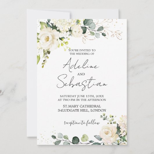White Roses Greenery Foliage Wedding Invitation Kaart (Voorkant)