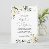 White Roses Greenery Foliage Wedding Invitation Kaart (Staand voorkant)