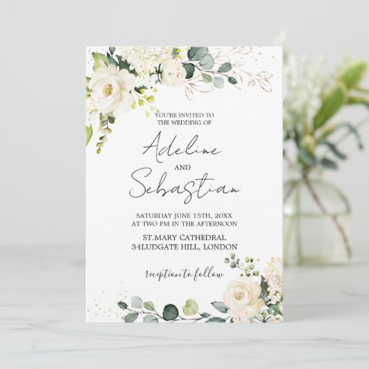 White Roses Greenery Foliage Wedding Invitation Kaart (Staand voorkant)