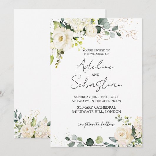 White Roses Greenery Foliage Wedding Invitation Kaart (Voorkant / Achterkant)