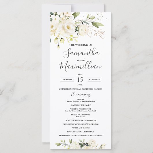 White Roses Greenery Foliage Wedding Programme (Voorkant)