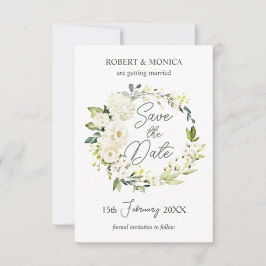 White Roses Greenery Foliage Wedding Save the Date Kaart (Voorkant)