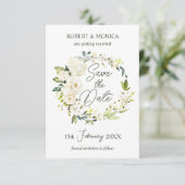 White Roses Greenery Foliage Wedding Save the Date Kaart (Staand voorkant)