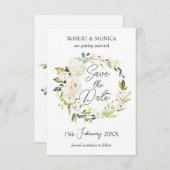 White Roses Greenery Foliage Wedding Save the Date Kaart (Voorkant / Achterkant)