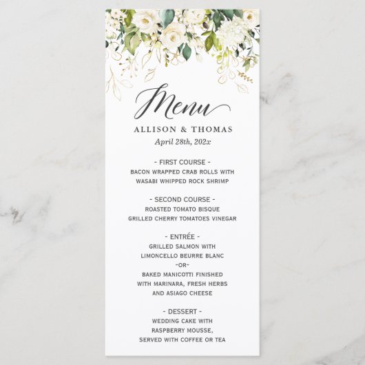 White Roses Greenery Gold Floral Wedding Menu (Voorkant)