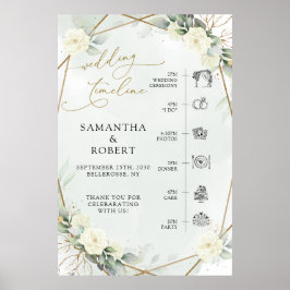 White Roses Greenery Gold Lijst Tijdlijnteken Poster