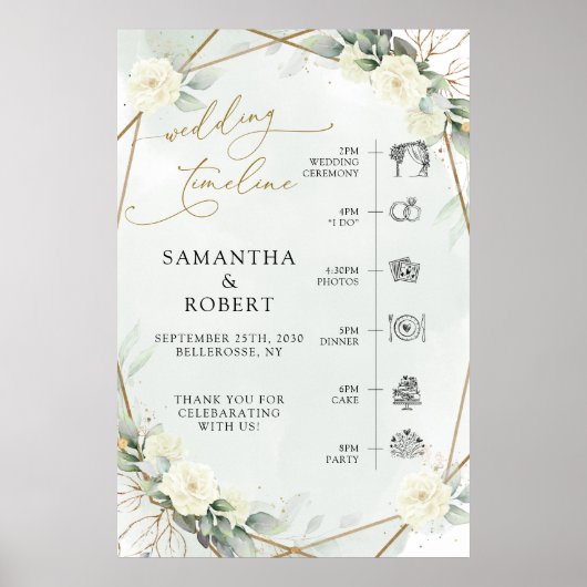 White Roses Greenery Gold Lijst Tijdlijnteken Poster (Voorkant)
