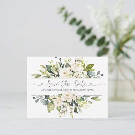 White Roses Greenery Save the Date Briefkaart (Staand voorkant)