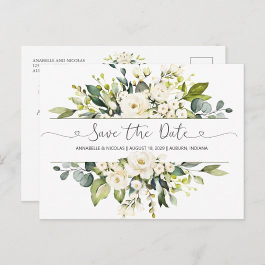 White Roses Greenery Save the Date Briefkaart (Voorkant / Achterkant)