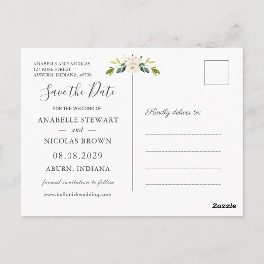 White Roses Greenery Save the Date Briefkaart (Achterkant)