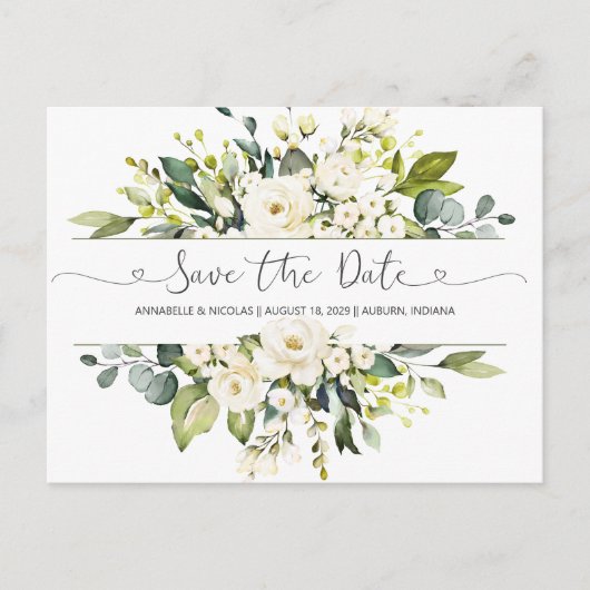 White Roses Greenery Save the Date Briefkaart (Voorkant)