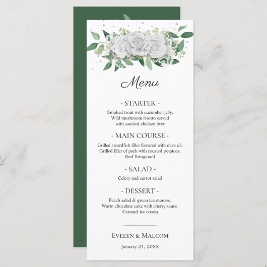 White Roses Greenery Wedding Dinner Menu (Voorkant / Achterkant)