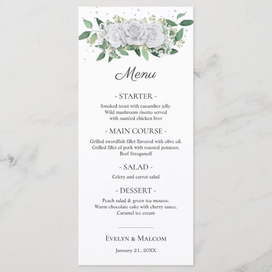 White Roses Greenery Wedding Dinner Menu (Voorkant)