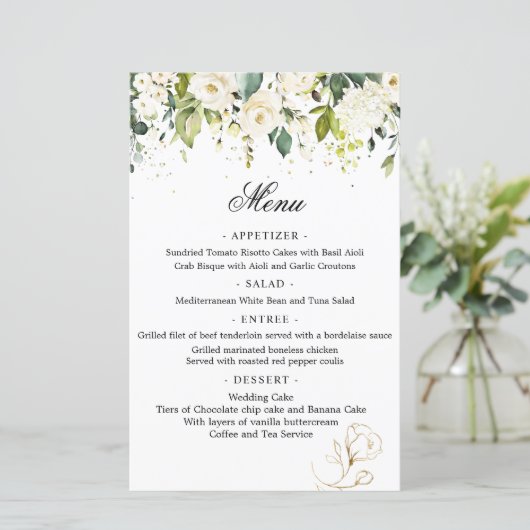 White Roses Greenery Wedding Menu Papieren Blad (Staand voorkant)