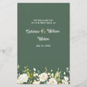 White Roses Greenery Wedding Menu Papieren Blad (Achterkant)