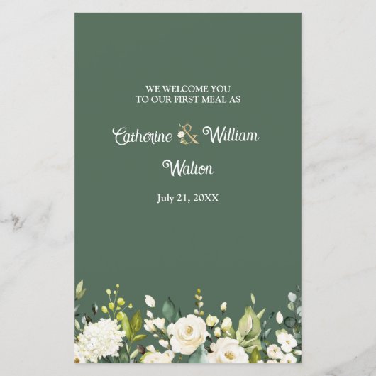 White Roses Greenery Wedding Menu Papieren Blad (Achterkant)