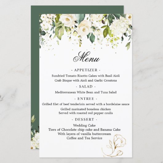 White Roses Greenery Wedding Menu Papieren Blad (Voorkant / Achterkant)