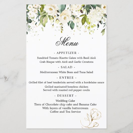 White Roses Greenery Wedding Menu Papieren Blad (Voorkant)