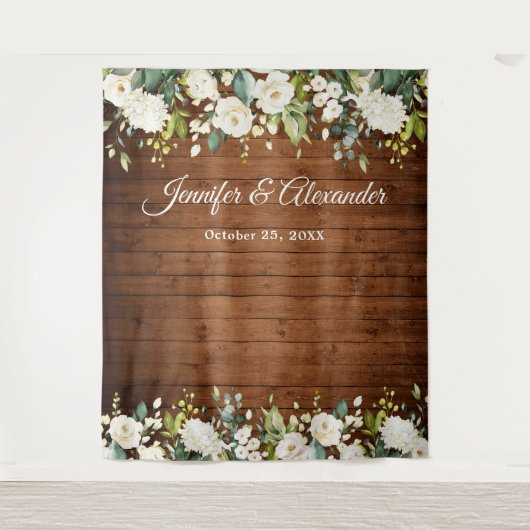 White Roses Greenery Wedding Photo Booth Backdrop Wandkleed (Voorkant)