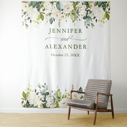 White Roses Greenery Wedding Photo Booth Backdrop Wandkleed (In situ)