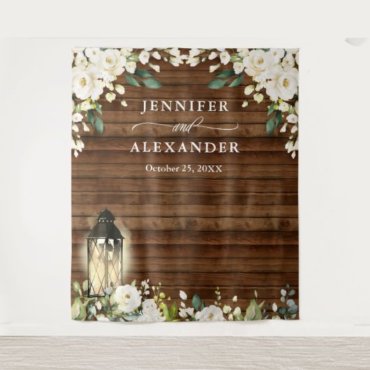 White Roses Greenery Wedding Photo Booth Backdrop Wandkleed (Voorkant)