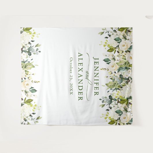 White Roses Greenery Wedding Photo Booth Backdrop Wandkleed (Voorkant (horizontaal))