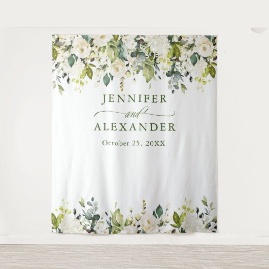 White Roses Greenery Wedding Photo Booth Backdrop Wandkleed (Voorkant)