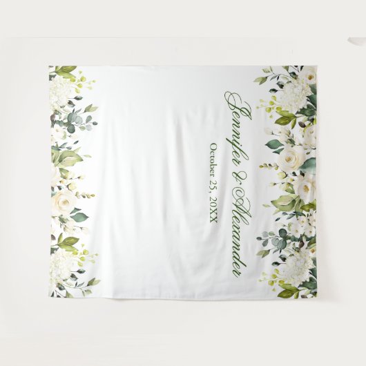 White Roses Greenery Wedding Photo Booth Backdrop Wandkleed (Voorkant (horizontaal))