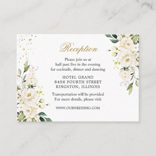 White Roses Greenery Wedding Reception Enclosure Informatiekaartje (Voorkant)