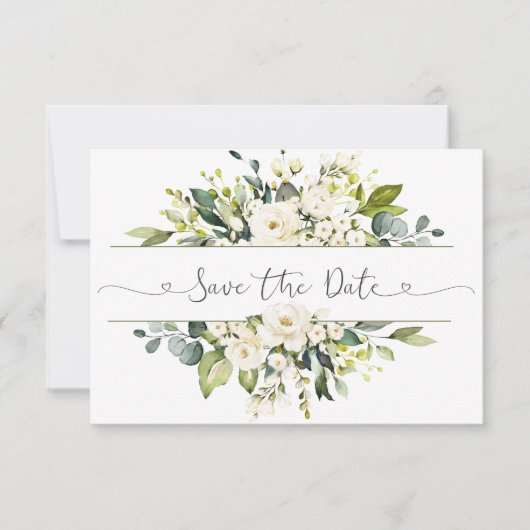 White Roses Greenery Wedding Save the Date (Voorkant)