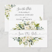 White Roses Greenery Wedding Save the Date (Voorkant / Achterkant)