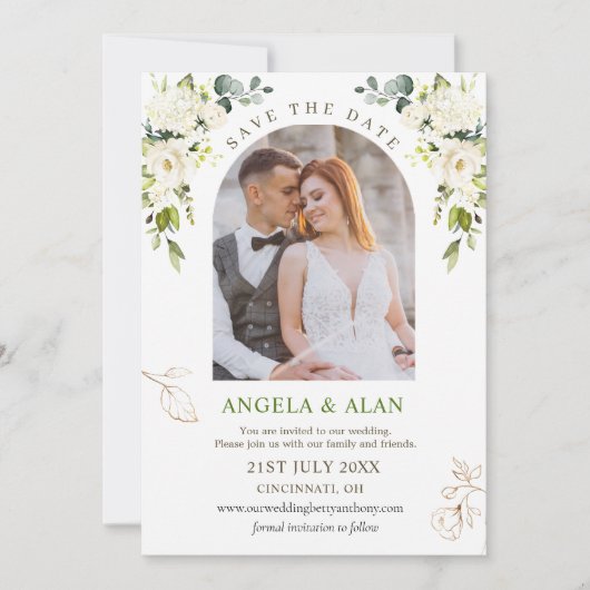 White Roses Greenery Wedding Save the Date Kaart (Voorkant)