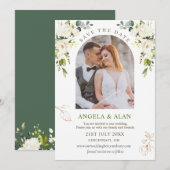 White Roses Greenery Wedding Save the Date Kaart (Voorkant / Achterkant)