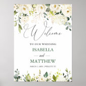 White Roses Greenery Wedding Welcome Sign Poster (Voorkant)