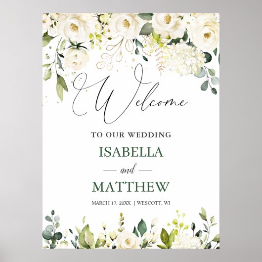 White Roses Greenery Wedding Welcome Sign Poster (Voorkant)