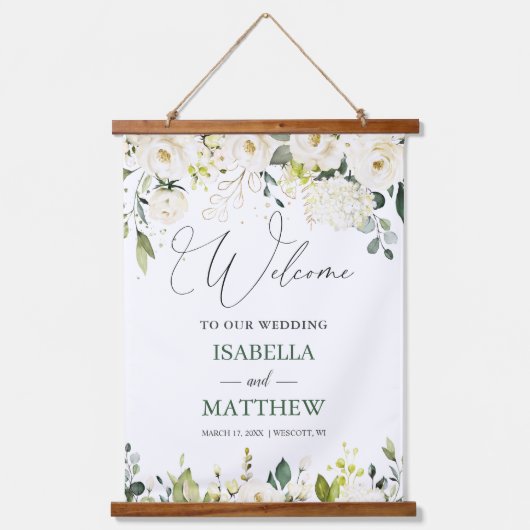 White Roses Greenery Wedding Welcome Sign Tapestry Hangend Wandkleed (Voorkant)
