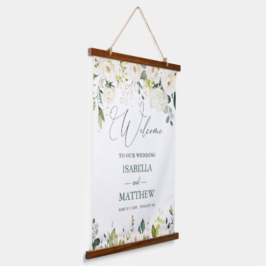 White Roses Greenery Wedding Welcome Sign Tapestry Hangend Wandkleed (Gebogen)