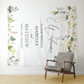 White Roses Greenery Wedding Welcome Sign Tapestry Wandkleed (In Situ (horizontaal))