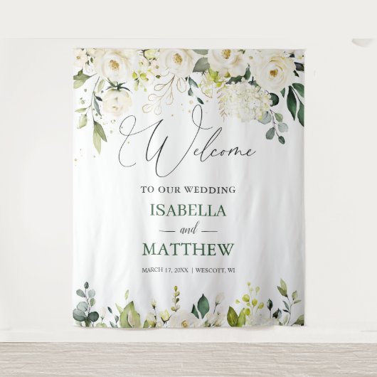 White Roses Greenery Wedding Welcome Sign Tapestry Wandkleed (Voorkant)